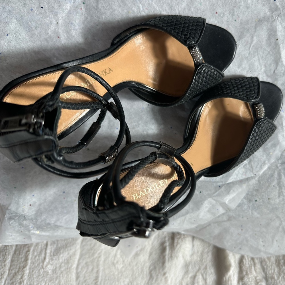 Badgley Mischka Kandyce Woven Black Leather Ankle Strap Heels - Size 5 - Picture 4 of 7